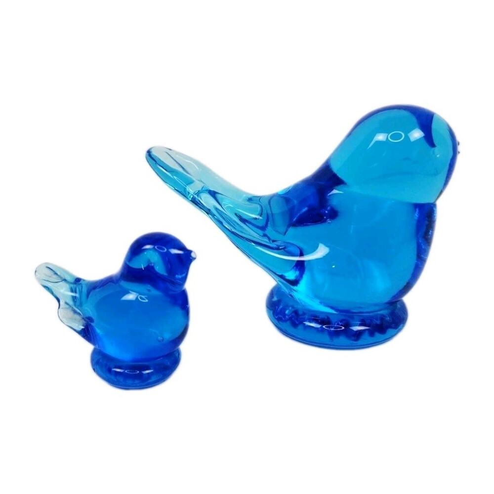 Vintage Leo Ward 1994 Glass Bluebird of Happiness Mama & Baby Set of 2 Signed